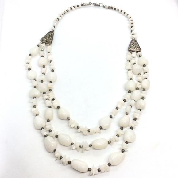 WHITE QUARTZ MULTI LAYTERED NECKLACE  SILVER TONE BOHO BOHEMIAN ETHNIC - Picture 11 of 14
